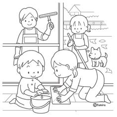 two children are playing in the bathroom with their mother and father coloring pages for kids