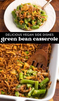 green bean casserole with shredded meat in a white dish