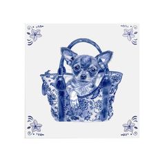 a blue and white drawing of a chihuahua in a purse