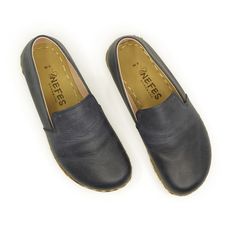 Barefoot Navy Blue Leather Women's Shoes "Modern Style" Blue Leather Closed Toe Slip-ons, Navy Leather Loafers With Leather Sole, Blue Leather Slip-ons With Flat Heel, Blue Leather Slip-ons With Closed Toe, Navy Leather Slip-on Shoes, Blue Leather Closed-toe Slip-ons, Navy Slip-on Leather Loafers, Navy Leather Slip-on Loafers, Blue Leather Plain Toe Slip-ons