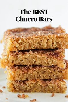 three pieces of cake sitting on top of a white plate with the words how to make churro bars