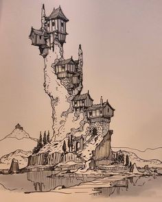 Pen Art Drawings, Fantasy Drawings, Architecture Drawing Art, Arte Sketchbook, A Castle, Landscape Drawings, Urban Sketching, Architecture Sketch, Environment Concept Art