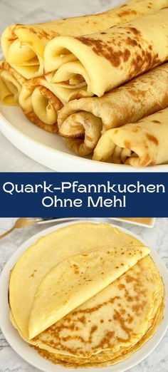 pancakes are stacked on top of each other with the words, quark - frankrachen ohne mehl