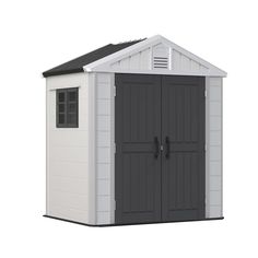 a white and gray storage shed with black shingles on the roof is shown in front of a white background