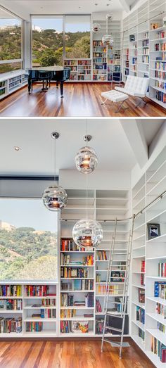 two pictures of the inside of a house with bookshelves and ladders in it