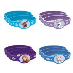 four frozen princess wristbands are shown in three different colors and designs, each with an image of the same character