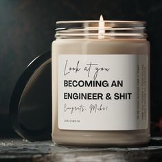 "Look at you. Becoming an Engineer&Shit" candle is a perfect funny gift for engineer. This scented candle is vegan, completely natural, eco-friendly and non-toxic. It contains NO lead, plastics, parabens, synthetic dyes, or phthalates This candle comes in a glass vessel that can be cleaned after burning the candle and reused as decor.  🌈 Explore Our Signature Scents: Cinnamon Vanilla scent: Scent profile combines the full-bodied scent of spicy cinnamon with the sweet and creamy accords of vanil First Job Gift, Engineer Boyfriend, Engineer Graduation, Funny Candle, Engineering Gifts, Vanilla Scent, Cotton Blossom, An Engineer, Job Gifts