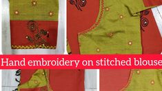 three pictures showing how to sew an embroidered blouse