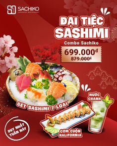 an advertisement for sushi restaurant with different types of food on the plate and in front of it