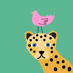 a pink bird sitting on top of a cheetah's head, against a green background