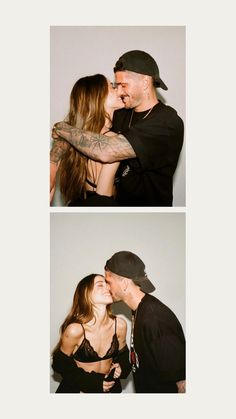 two pictures of a man and woman kissing each other