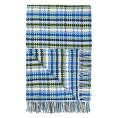 a blue and green plaid blanket with fringes