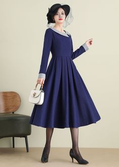 Custom Dress, Dress Pleated, Wool Clothing, Wool Winter, Dress A Line, Winter Dress, Wool Dress, Navy Blue Dresses, Custom Dresses