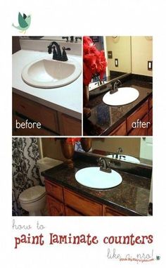 the before and afters of painting laminate countertops in a bathroom with black granite