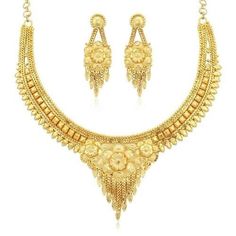 ·         Contains : 1 Necklace + 1 Pair of Earring ·         Dimension : Necklace Length - 16 cm| Necklace Width - 12 cm| Earring Length - 4 cm| Earring Width - 2 cm ·         Traditional 24 Carat Gold Plated Choker Necklace Set for Women will complement any Indian attire. Women Love Jewelry as it not only enhances their beauty, but also gives them the social confidence. Make your moment memorable with this range. This jewel set features a unique one of a kind traditional embellish with antic finish. Earrings are very easy to use being lightweight and has a design which makes it very comfortable. ·         Superior Quality & Skin Friendly: High Quality as per International Standards that makes it very skin friendly. It has been made from toxic free materials Anti-Allergic and Safe for Ski Gold Necklaces With Elegant Design For Anniversary, Gold Necklace With Elegant Design For Festive Occasions, Gold Plated Necklaces With Elegant Design For Celebrations, Temple Jewelry Necklaces With Intricate Design For Parties, Elegant Gold Plated Necklaces For Celebrations, Festive Gold Plated Necklaces For Party, Festive Gold Plated Necklace For Party, Festive Gold-plated Necklace For Party, Party Jewelry With Filigree Design