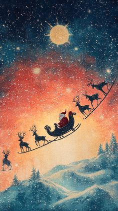 a painting of santa claus riding in his sleigh with reindeers on it