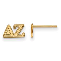 Show your Greek life spirit with these Delta Zeta Sorority earrings. They are crafted from yellow gold plated silver and are 5 mm in length and 9 mm in width. We are a certified Collegiate jewelry retailer and this authentic item is licensed by the Delta Zeta Sorority and Greek Life. These post earrings are made the USA. Delta Zeta Sorority, Laser Cut Earrings, Delta Zeta, Greek Letters, Bow Jewelry, Greek Life, Jewelry Companies, Screw Back Earrings, Black Bow