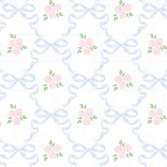 a white background with pink roses and blue ribbon