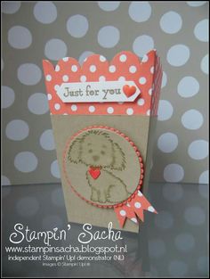 a card with a dog on it and some polka dots around the edges that says, just for you stampin'sucha