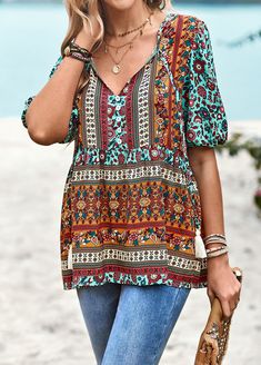 Women's Bohemian Blouse V-Neck Floral Print Shirt Top Multicolor V-neck Peasant Top For Fall, Fall Bohemian V-neck Blouse, Bohemian V-neck Blouse With Boho Print, Multicolor Floral Print V-neck Peasant Top, Bohemian V-neck Peasant Top With Floral Print, Bohemian V-neck Top With Boho Print, Multicolor V-neck Peasant Top For Festival, Festival Floral Print V-neck Top, Colorful V-neck Top For Vacation