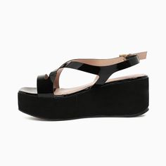 Black Square Toe Cross Strap Slingback Wedge Sandals with Platform Sandals With Platform, Patent Leather Heels, Black Square, Cross Straps, Wedge Heels, Wedge Sandals, Patent Leather, Heel Height, Wedges