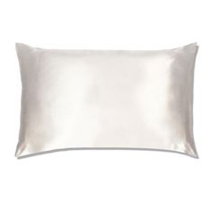 a white pillow with satin trim on the front and back of it, against a white background