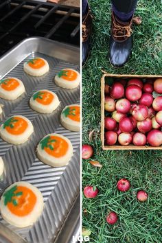 there are some apples and cookies on the grass