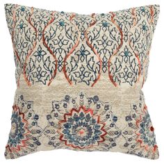 a decorative pillow with an orange, blue and white design on the front cover is shown