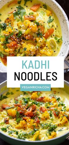 a bowl filled with food and the words kadi noodles on top of it