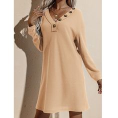 V-Neck Long Sleeve Sweater Dress ~ Very Soft Lightweight Knit !!!! ~ V-Neck ~ Drop Shoulder ~ Button Design - No Closure ~ Long Sleeve ~ Semi-Sheer - May Need Cami ~ Midi Length ~ Perfect For Warmer Fall/Spring Days ~ Color: Apricot ~ Material: 97% Polyester; 3% Spandex Care Intructions: ~ Machine Wash Gentle - Cold Water ~ Do Not Bleach ~ Hang To Dry; Or Gentle Dry Till Damp Imported. Beige V-neck Mini Dress With Button Closure, Casual Sweater Dress With Buttons For Fall, Beige V-neck Mini Dress With Buttons, Casual V-neck Mini Dress With Button Closure, Fall Solid Color V-neck Sweater Dress, Casual Long Sleeve Sweater Dress With Buttons, Yellow Long Sleeve Dress, Knitted Winter Dress, French Terry Dress