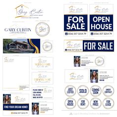 an open house for sale brochure is shown in blue and gold colors, with the