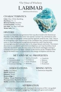 Larimar Properties, Energy Stones Crystal Healing, Crystal Knowledge, Pagan Life, Best Healing Crystals, Spiritual Coaching, Gemstones Chart, Crystal Healing Chart, Fairy Witch