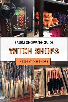 the salem shopping guide for witch shops is featured in this collage with images of brooms and other items