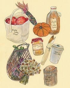 a drawing of various items that include apples, carrots and other foodstuffs