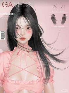 an image of a woman with long black hair and pink dress on the cover of magazine