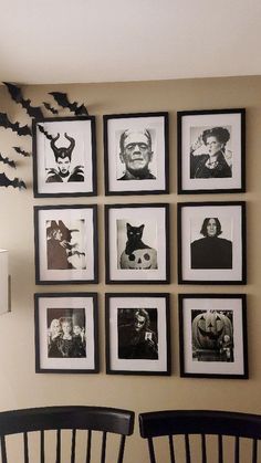 black and white pictures are hung on the wall above two chairs in front of them