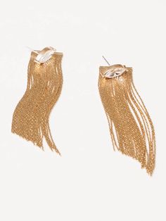 "Spectacularly flashy, these crystal marquis chain fringe earring jackets will dance on your earlobes! These lightweight fringe earrings will pair equally well with other studs in your jewelry box for a variety of looks. Or if you are feeling more casual, just wear the marquis studs alone for a classic look. Dimensions: 3.25 long, .75\" wide. Crystal Marquis is .5\" Materials: brass, crystal, 18k gold plate, stainless steel posts Ships in a branded jewelry pouch and box, perfect for gift giving! Glamorous Metal Tassel Earrings For Party, Metal Fringe Earrings For Party, Party Fringe Metal Earrings, Glamorous Gold Fringe Earrings, Gold-tone Crystal Earrings For Party, Pierced, Gold-tone Crystal Party Earrings, Gold-tone Crystal Earrings For Party, Gold Fringe Metal Chandelier Earrings, Gold Fringe Chandelier Earrings