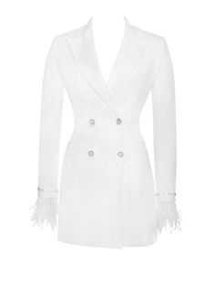 Evening Blazer With Feather Trim And Long Sleeves, Elegant Fitted Blazer With Feather Trim, Elegant Long Sleeve Blazer With Feathers, Chic Long Sleeve Blazer With Feather Trim, Luxury Long Sleeve Blazer Dress For Party, Glamorous Long Sleeve Cocktail Blazer Dress, Elegant Party Blazer With Feather Trim, Chic Fitted Blazer With Feather Trim, Fitted Party Blazer With Feathers