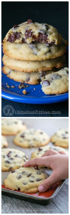 chocolate chip cookies are stacked on top of each other and ready to be baked in the oven