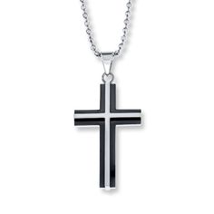 Visually dynamic, this stainless steel cross necklace for him features edges of black ion-plated stainless steel. The pendant sways from a 22-inch ball chain that secures with a lobster clasp. Mens Cross Chain, Black Cross Necklace, Necklace For Him, Mens Cross Necklace, Jewelry Advice, Steel Cross, Mens Crosses, Gold Chains For Men, Kay Jewelers