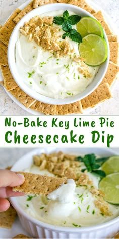 no - bake key lime pie cheesecake dip in a white bowl with crackers