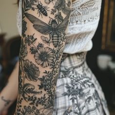 Brilliant Sleeve Tattoo Tattoo Flash Botanical Sleeve Tattoo Black And White, Wolfs Bane Flower Tattoo, Black Walnut Tattoo, Science Inspired Tattoos, Nature Collar Bone Tattoo, Black Eyed Susan Flower Tattoo, Tattoo With Words And Flowers, Dotted Tattoos For Women, Black And Gray Sleeve Tattoo Women