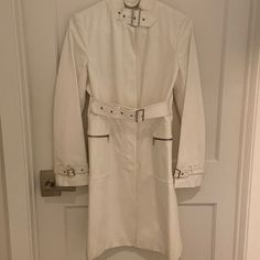 White Trench Coat, Buckles On Sleeves, Collar And Waistline. 100% Excellent Condition.Never Worn!!! White Belted Outerwear For Work, Designer White Outerwear For Work, Designer Fitted Cotton Outerwear, White Fitted Long Coat, Fitted White Long Coat, Designer Fitted White Outerwear, Designer White Fitted Outerwear, White Trench Coat, Banana Republic