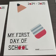 two back to school calendars on a table with the words my first day of school