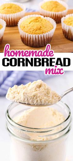 homemade cornbread mix in a glass jar with spoon and muffins on the side