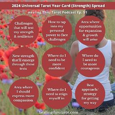 a woman sitting in the middle of a field with red circles around her that say,'20 universal tarot year card strength spread '