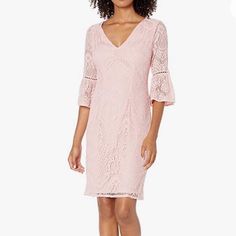 Adrianna Papell Women's Milan Lace Sheath Dress In Pink Conch. Deep V Neck. Flared Bell Style Cuff On 3/4 Sleeves. Zipper Back. Lined. 45% Nylon, 30% Cotton, 25% Viscose. Nwt Elegant White Lace Dress For Brunch, Knee-length Lace Dresses For Work, Feminine Sheath Lace Dress For Formal Occasions, Feminine Formal Sheath Lace Dress, Formal Bodycon Lace Dress, Spring Formal Bodycon Lace Dress, Lace Knee-length Dresses For Workwear, Fitted Lace Dress For Spring Workwear, Spring Formal Lace Dress With V-neck