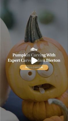 a pumpkin carving with an expression drawn on it's face and the words pumpkin carving with expert marvin bierton