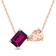 Romance your special someone with the blushing hues of this Toi et Moi gemstone necklace. 10K rose gold A pear-shaped morganite and emerald-cut rhodolite garnet make the perfect pair 16- to 18-inch adjustable cable chain with lobster clasp Rose Gold And Gold Necklace, Rose Gold Jewelry Necklaces, Garnet Necklace, Rhodolite Garnet, Fancy Jewelry, Accessories Jewelry Necklace, Morganite, Emerald Cut, Cable Chain