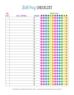 the printable bill pay checklist is shown in rainbow colors and has lots of dots